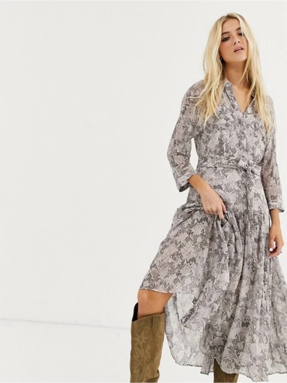 All Saints Gray Snake-Print High-Low Wrap Dress